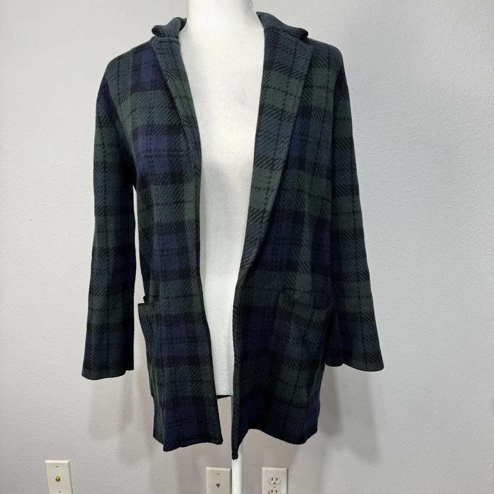 J.Crew Sweater Blazer Women's XXS Sophie Black Watch Plaid Open Front Pockets